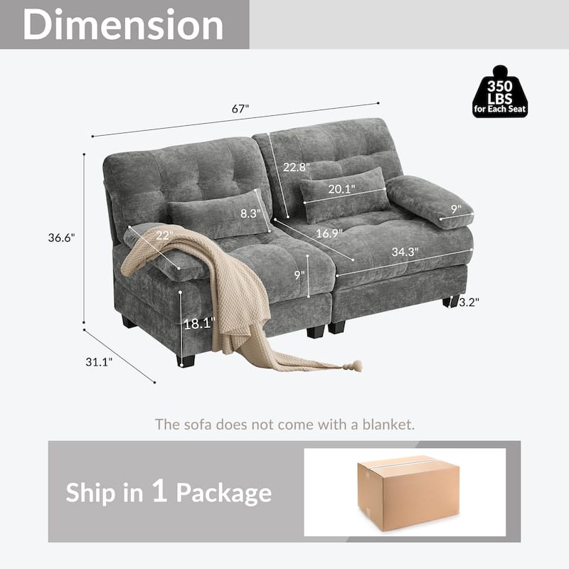 GDFStudio - 4-Piece Adjustable Backrest 67" Chenille Loveseat Sofa with 2 Throw Pillows