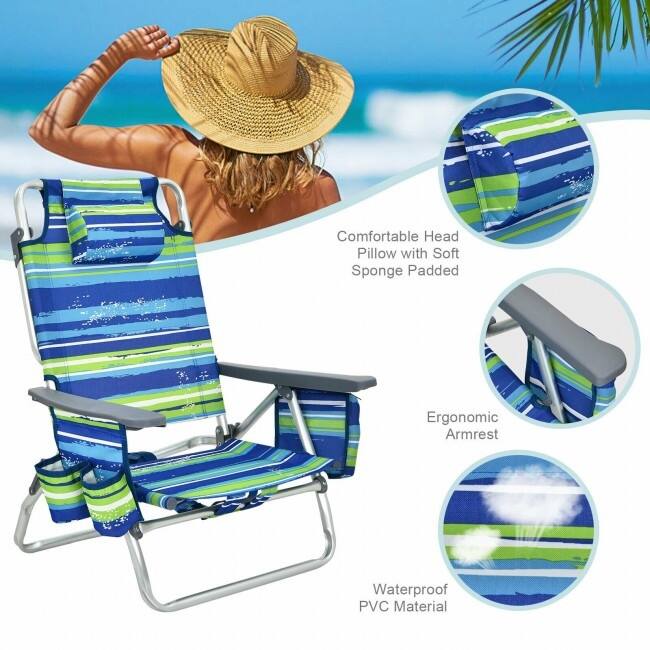 4-Pack 5-Position Outdoor Folding Backpack Beach Reclining Chair with Pillow - 23.5" – 40" x 27" x 33" – 11" (L x W x H)