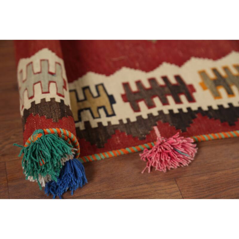 Red Kilim Qashqai Persian Vintage Rug Hand-Knotted Wool Carpet - 4'3"x 7'2"