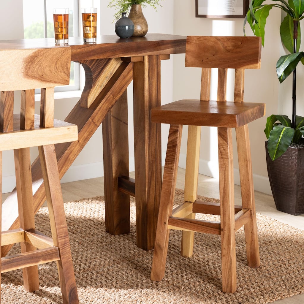 Luli Suar Wood Bar Stool - Handcrafted Solid Wood Stool with Backrest, Rustic Modern Seating for Kitchen or Bar Area