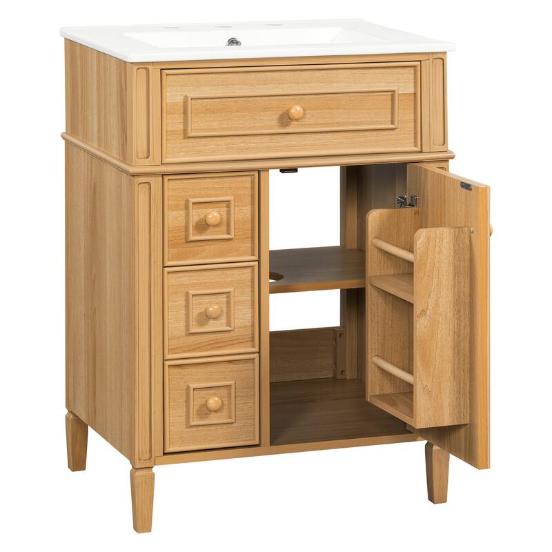 24" Bathroom Vanity with Sink - Wood Cabinet with Flip-Out Drawer, 2 Soft-Close Drawers & Door, Solid Wood & MDF