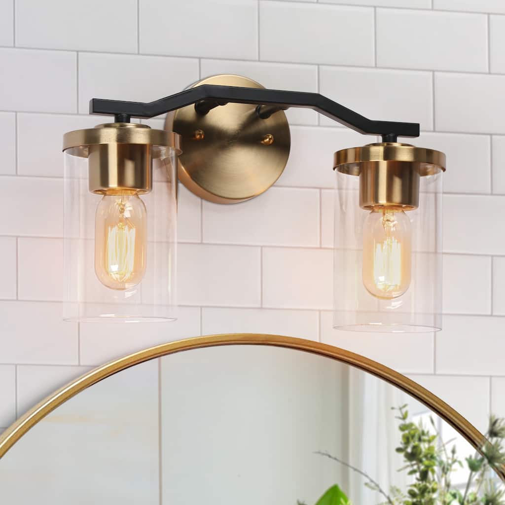 Modern Farmhouse 2-Light Black Gold Bathroom Vanity Light Dimmable Wall Sconces with Cylinder Glass - 14'' L x 5.5'' W x 9.5'' H