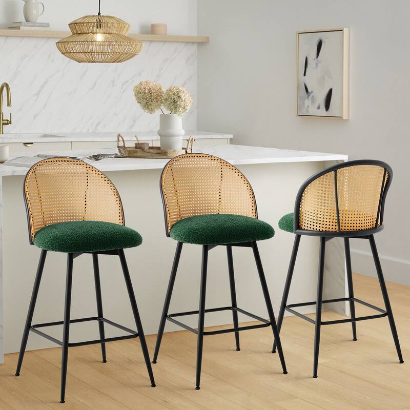 Upholstered Swivel Counter/ Bar Stools with Rattan Back - Set of 3 - Fabric-Green - Counter Height