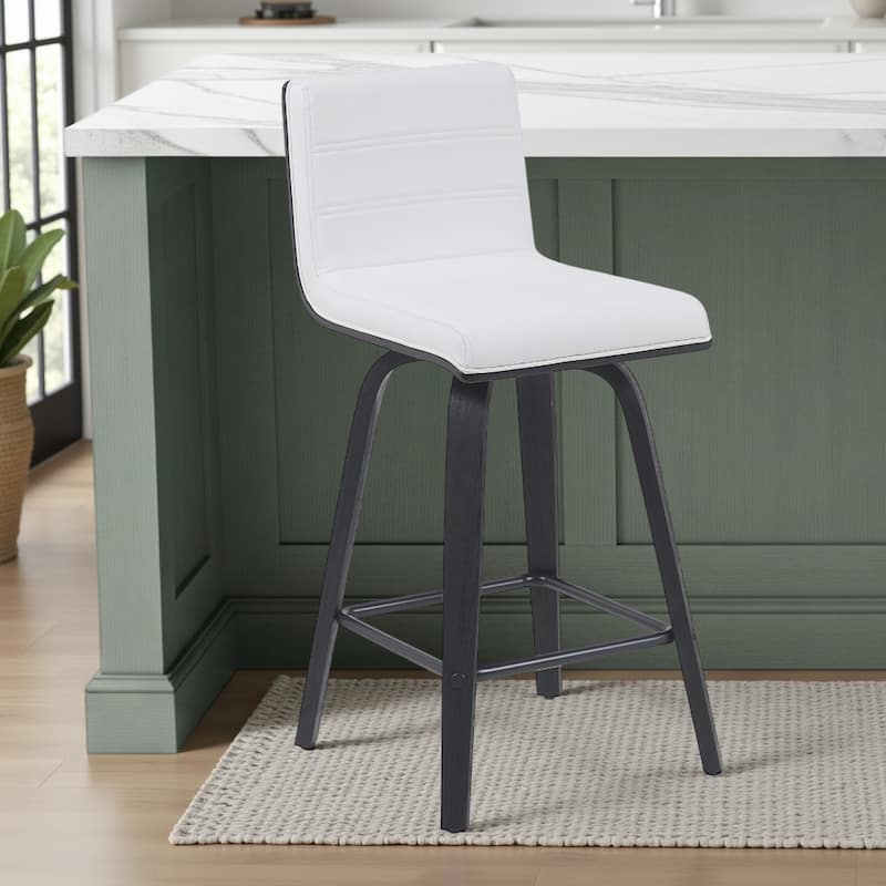 Skara Mid-Century Swivel Counter Stool, Upholstered Counter Height Chair with Bentwood Legs - Snow White & Black