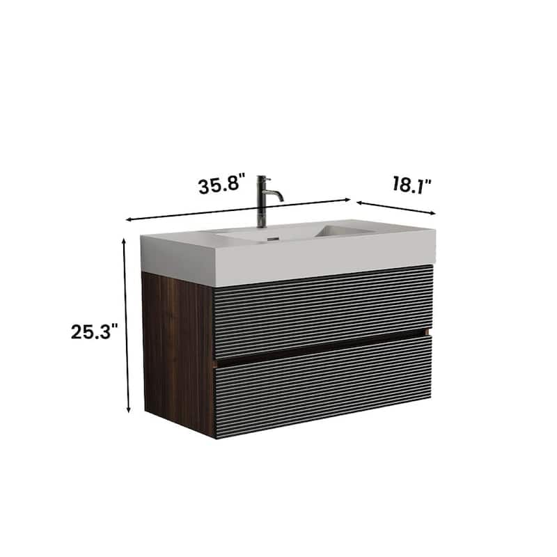 36" Walnut Bathroom Vanity with Engineered Quartz Sink and Soft Black Drawers