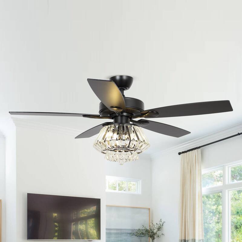 52" Modern Black Downrod Mount Crystal Ceiling Fan with Light and Remote Control - 52 in. D x 52 in. W x 21.6 in. H