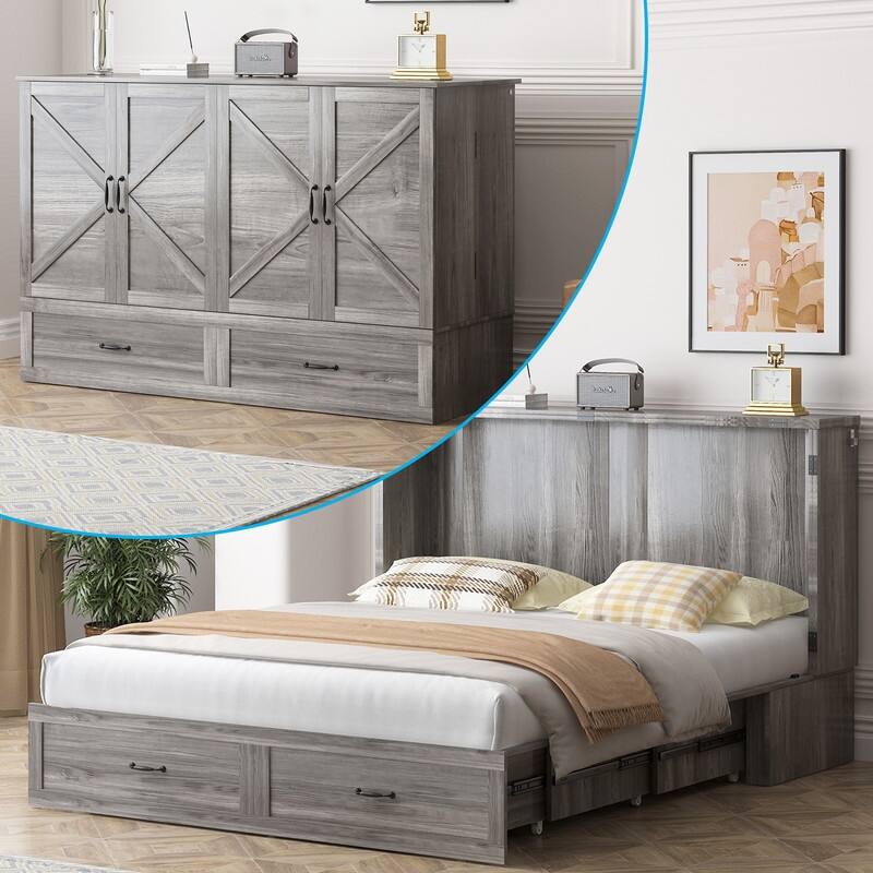 Mixoy Modern Queen Size Murphy Bed with 4.7''Mattress,USB ports,Storage Drawers - Grey - Queen