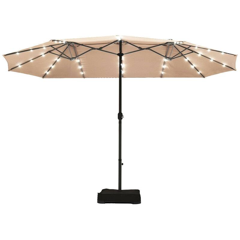 15 Ft Solar LED Patio Double-sided Umbrella Market Umbrella with Weight Base - 15' x 8' (W x H) - Beige