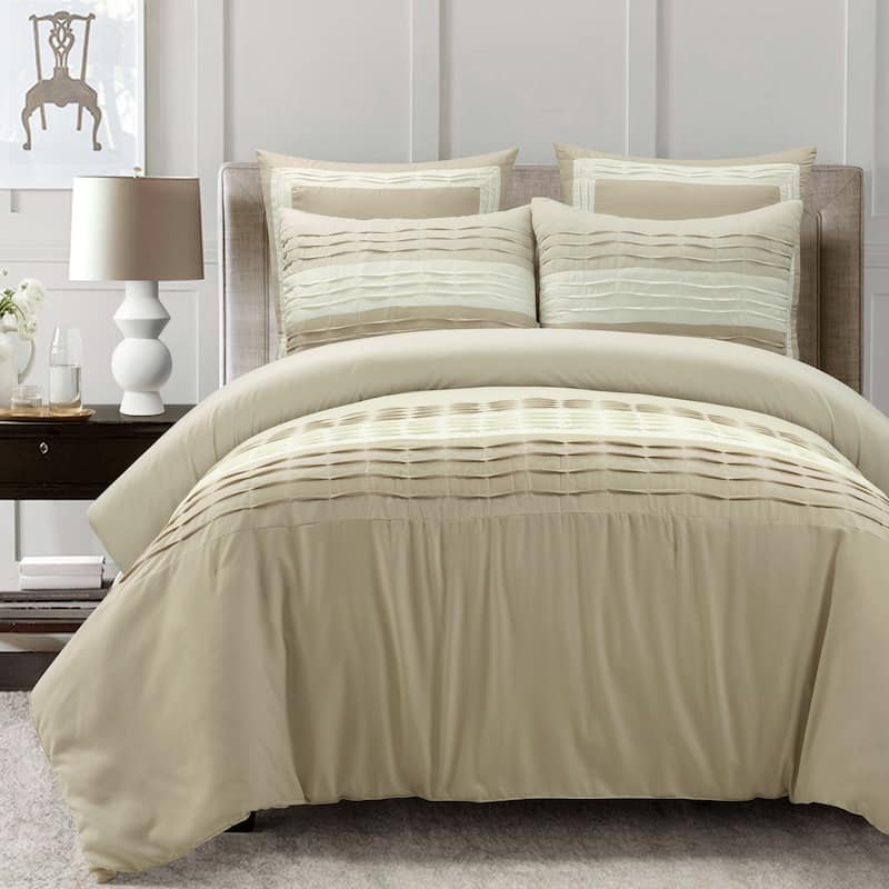 Lush Decor Mia Solid Pleated Color Block With Euro Shams Comforter 5 Piece Set - Neutral - Full - Queen