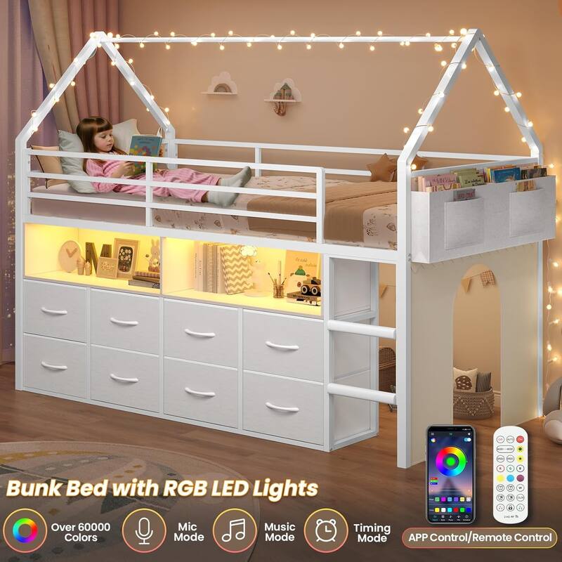 House Low Loft Bed Twin Size Storage Drawers Bookcase LED Lights