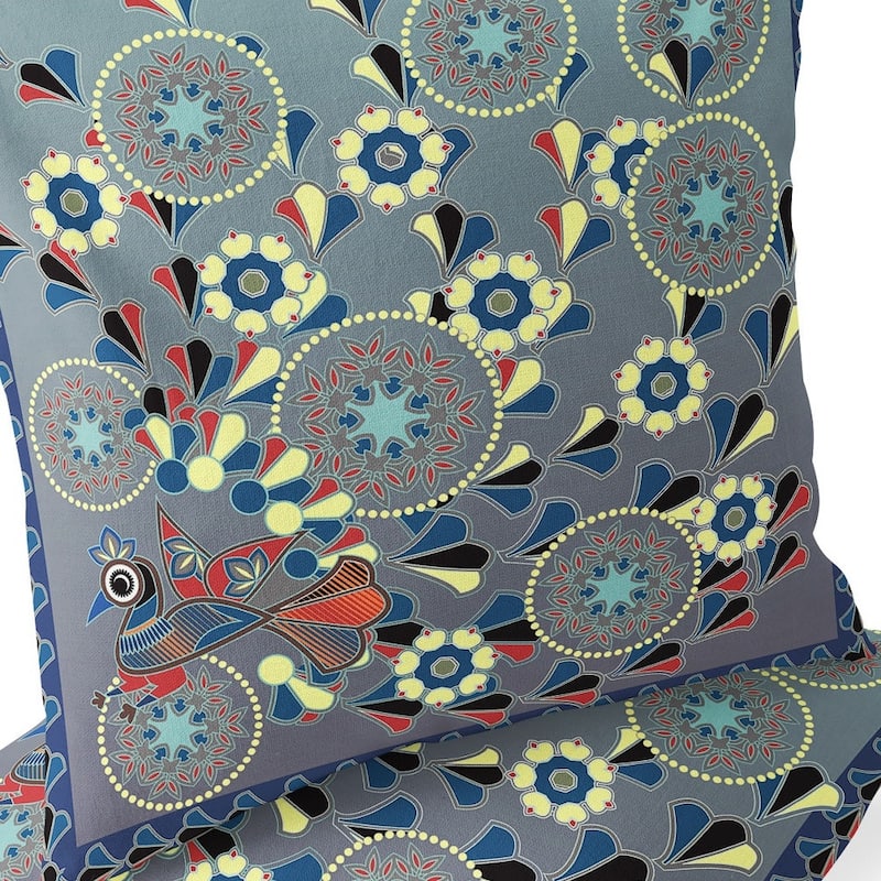 HomeRoots Set of Two 16" X 16" Gray and Blue Peacock Blown Seam Floral Indoor Outdoor Throw Pillow - 16.00' X '16.00' X '5.00