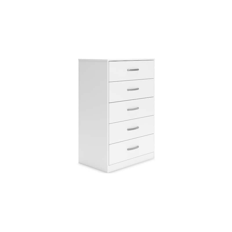 Eriss Tall Dresser Chest, 5 Drawers, White Wood, Silver Metal, 46 Inch