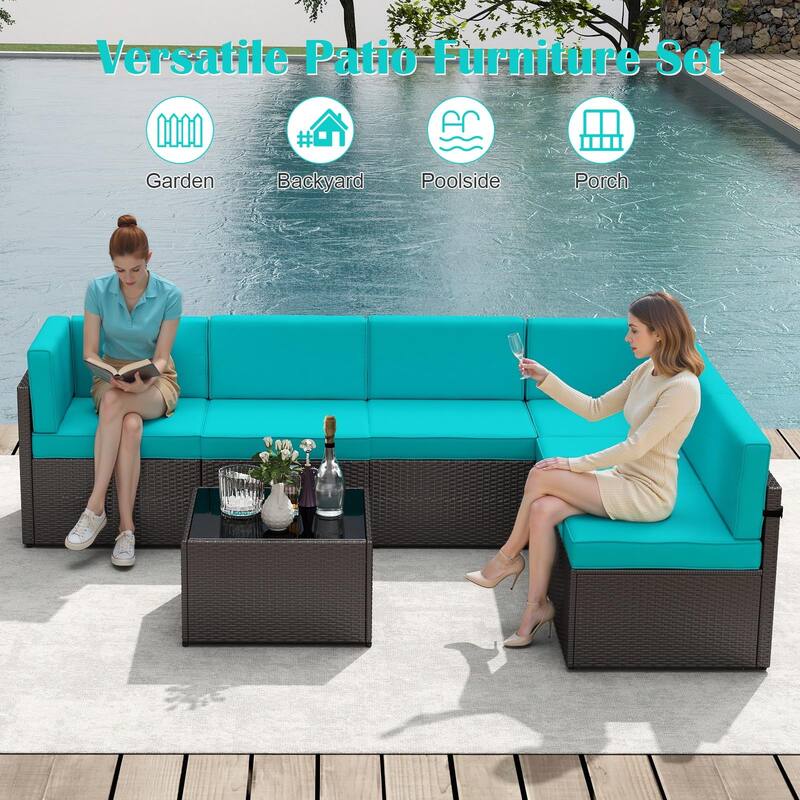 7PC Outdoor Patio Furniture Set, Wicker Patio Sectional Furniture Set with Coffee Table & Cushion for Garden, Backyard, Poolside