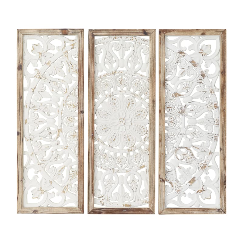 Wood Floral Intricately Carved Home Wall Decor with Mandala Design - Set of 3 White - Roche River Decor - White