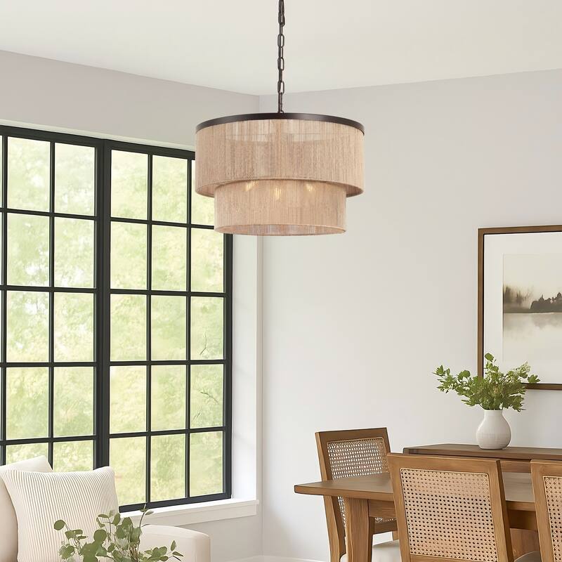 GetLedel 3-Light Natural Rope Drum Chandelier Handwoven Coastal Boho Ceiling Light