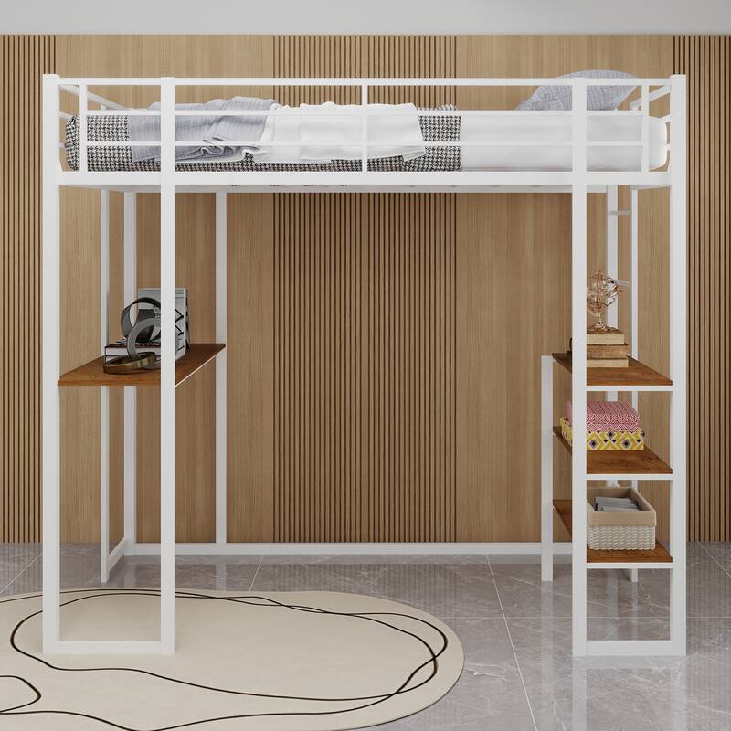Space-Saving Iron Frame Bunk Bed with L-Shaped Desk and Dual Stairs