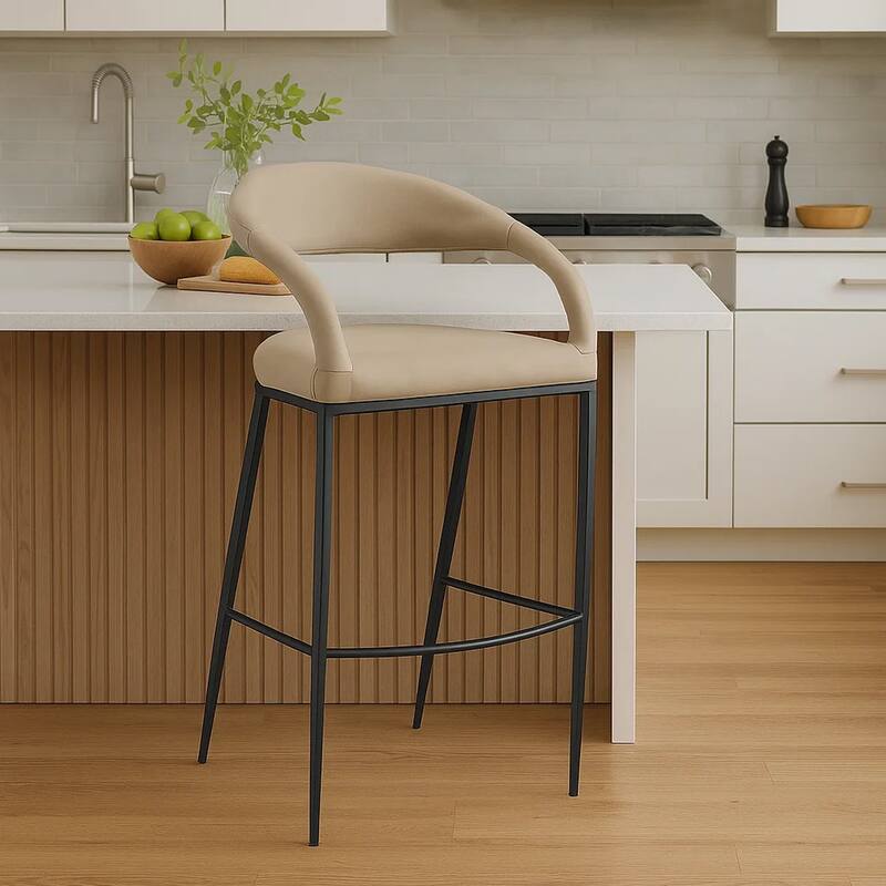 Monie Counter Stool Chair, Curved Floating Back, Beige Faux Leather