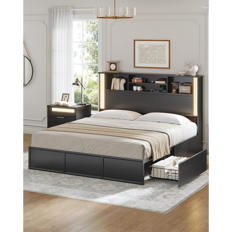 Bed Frames 4 Storage Drawers Storage Headboard Charging Station Metal Slats - Black - Full