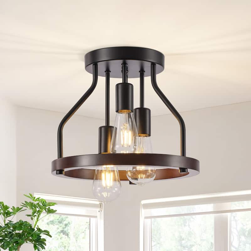 Starsky 3-Light Farmhouse Round Wood Flush Mount Ceiling Light, Industrial Caged Beech Wood Fixture with Black Metal Canopy - Black