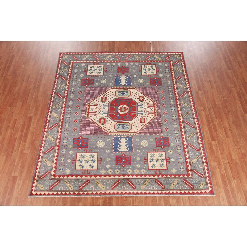 Hand Knotted Oriental 100% Wool Carpet Traditional Medallion Greys & Charcoal Kazak Area Rug - 9' 3'' X 8' 3''