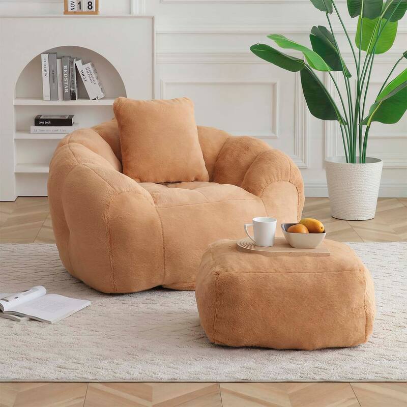 Shell-Shaped Bean Bag Chair with Footstool,Perfect for Gaming and Reading - Khaki
