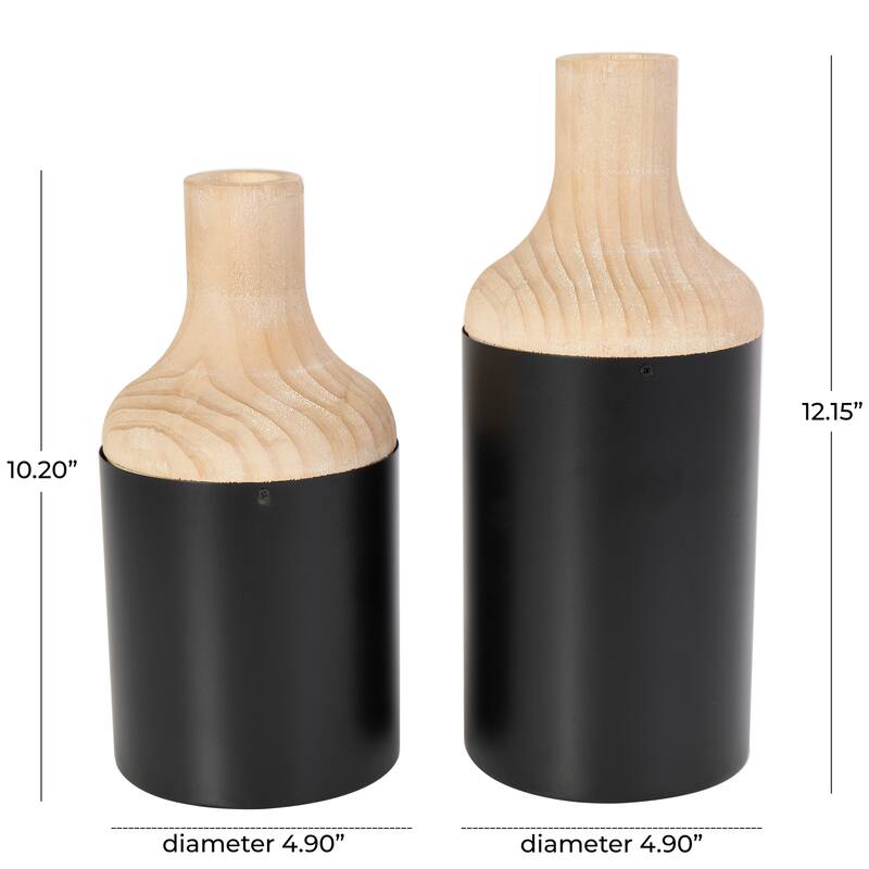 Black Wood Colorblock Decorative Vase with Light Brown Wood Tops (Set of 2)