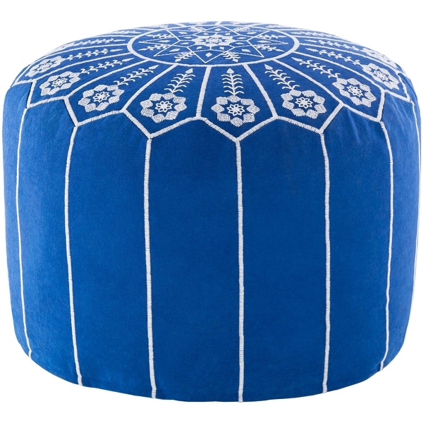 20" Blue and White Floral Round Pouf Ottoman - N/A