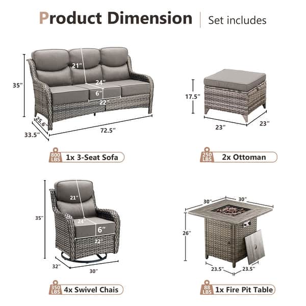 dimension image slide 2 of 11, Pocassy Outdoor Wicker Sofa with Swivel Chair Fire Pit Table Furniture Set.
