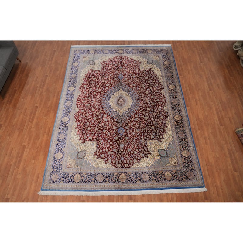 Hand Knotted Oriental 100% Silk Carpet Traditional Floral Red Qum Area Rug - 13' 2'' X 9' 7''