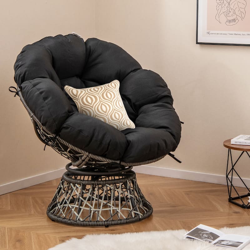 Gymax PE Wicker Papasan Chair Swivel Living Room Chair w/ Thick &