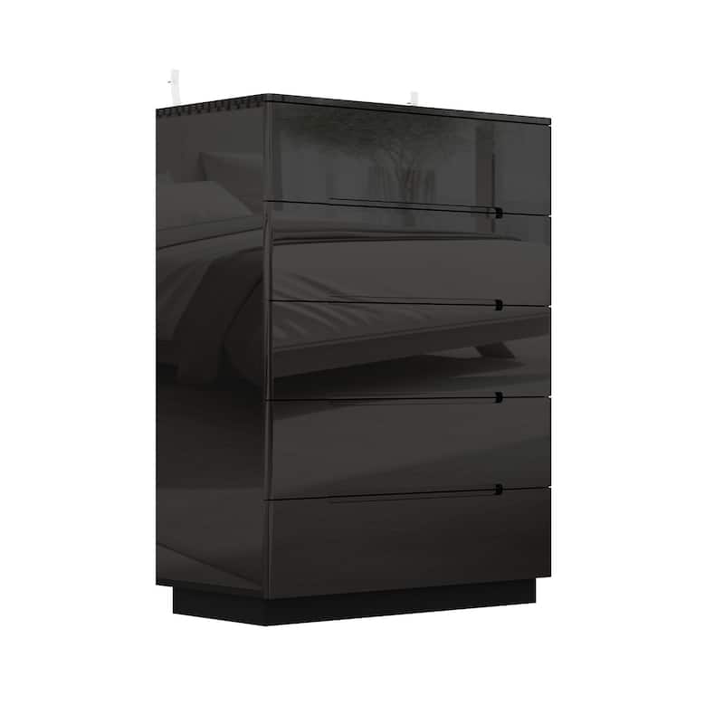 Wood 5 Drawer Chest Bedroom Dresser in White High Gloss With Light