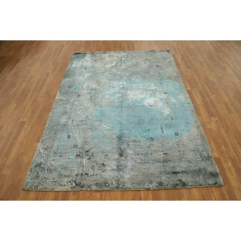 Hand Knotted Oriental Viscose Silk Carpet Modern Pictorial Greys & Charcoal Abstract Area Rug - 7' 10'' X 5' 7''