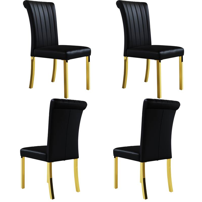 Luxury PU Leather Parsons Dining Chairs Side Chairs with Rolled Back and Stainless Steel Legs - Black and Gold - Set of 4