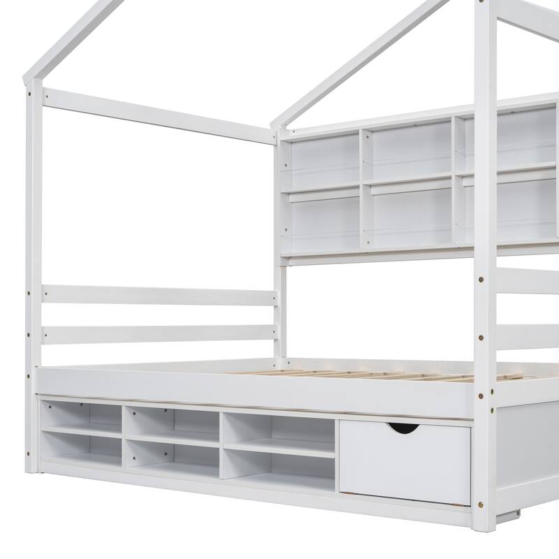 Full House Bed with Roof Frame, Bedside-shelves, Under Bed Storage Unit