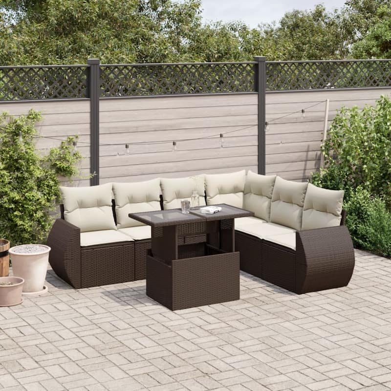 vidaXL Patio Sofa Set with Cushions Outdoor Furniture 7 Piece Poly Rattan - 21.7 x 39.4 x 28.7 - Brown and Cream-without storage