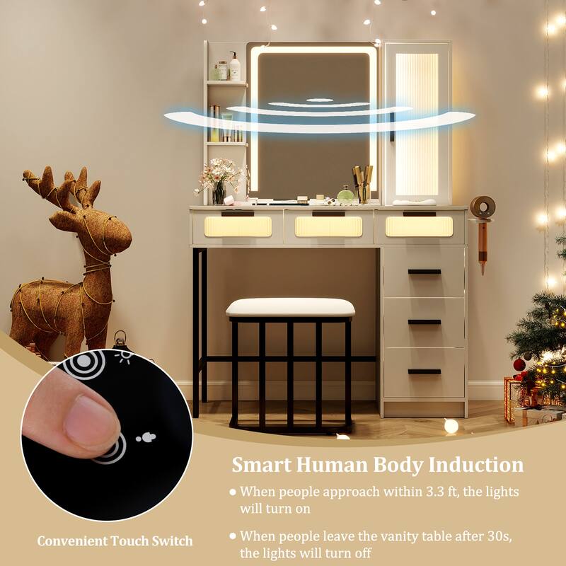 Gymax Vanity Desk w/ Mirror Induction Lighting 3-Color Lighting Modes