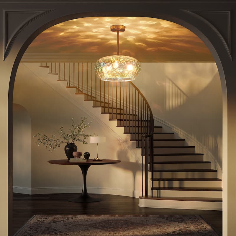 14.2" W 3-Light Modern Gold Dome Semi-Flush Mount Ceiling Light with Water Glass Shade for Foyer, Bedroom