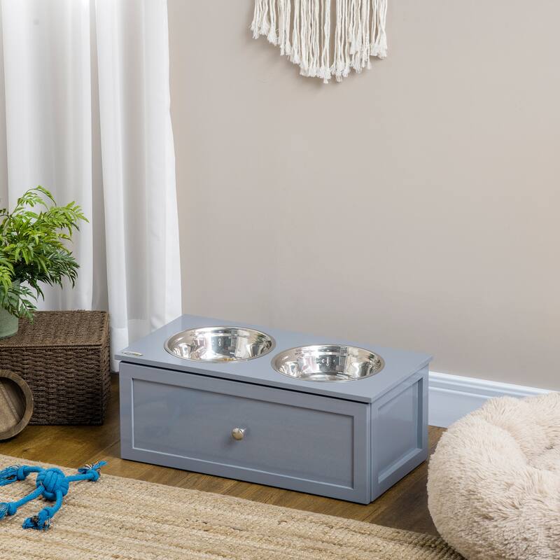 PawHut Elevated Dog Bowls, Raised Dog Bowl Stand with Storage, 2 Stainless Steel Bowls, Pet Feeding Station for Medium Dogs