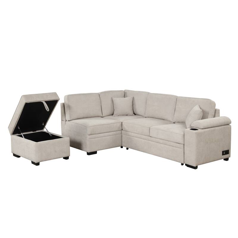 Beige 84.75'' L-Shaped 5-Seat Sleeper Sofa with Ottoman