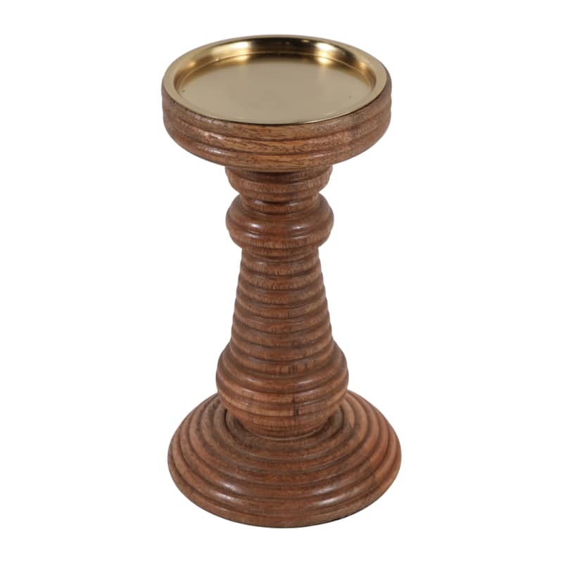 Candle Holder - Brown Mango Wood Ribbed Pillar