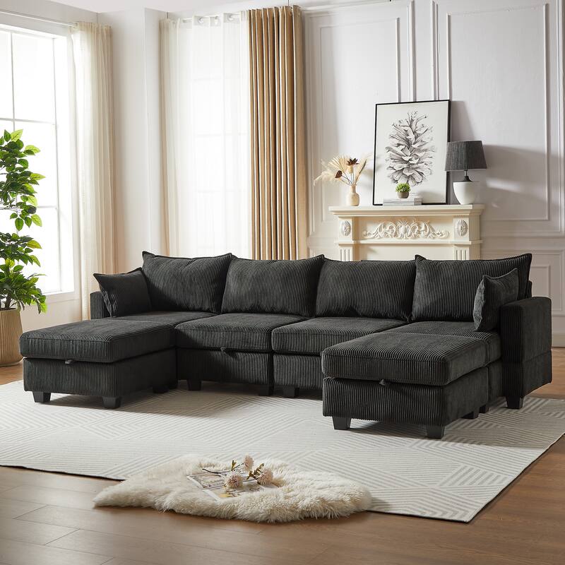 113.5" Corduroy U-Shaped Sectional Sofa with Ottoman