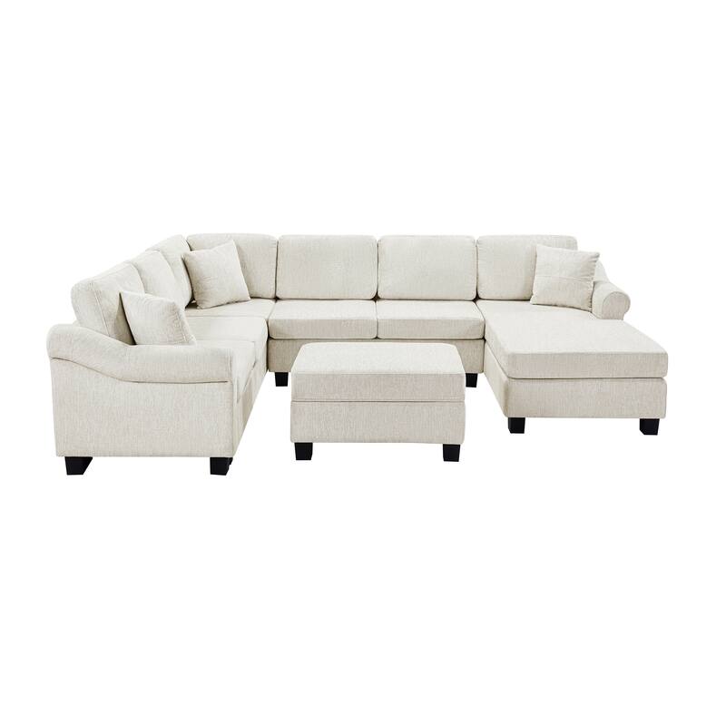 111.8" U-shaped Chenille Sofa with Storage Ottoman, White