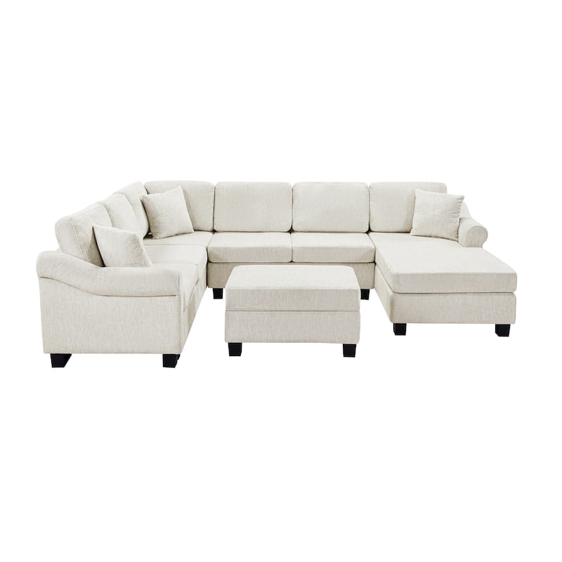 Sectional Sofa 111.8" U-shaped Sofa, Chenille Upholstered Sofa Couch with Movable Storage Ottoman for Living Room
