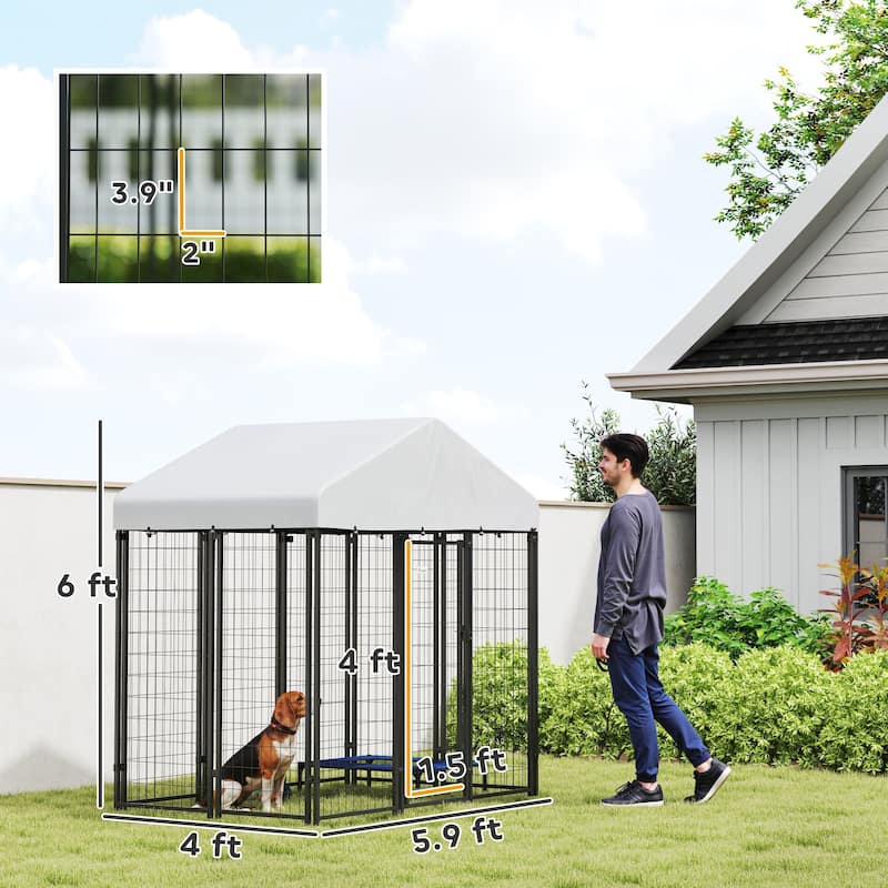 Silver-Black Steel Outdoor Dog Kennel with PE Cover and Secure Door - 70.8"W x 48"D x 72"H