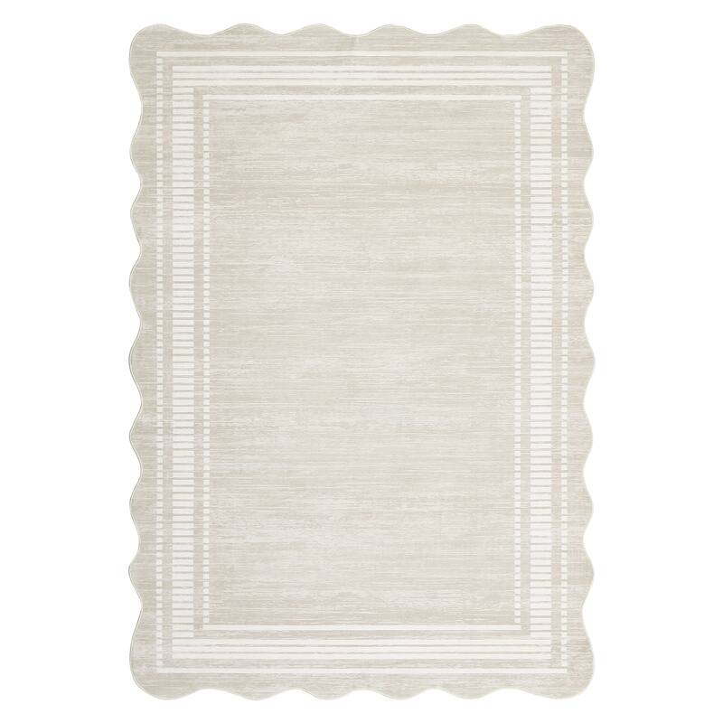 Washable Scalloped Area Rugs, Modern Bordered Living Room Rugs for Bedroom