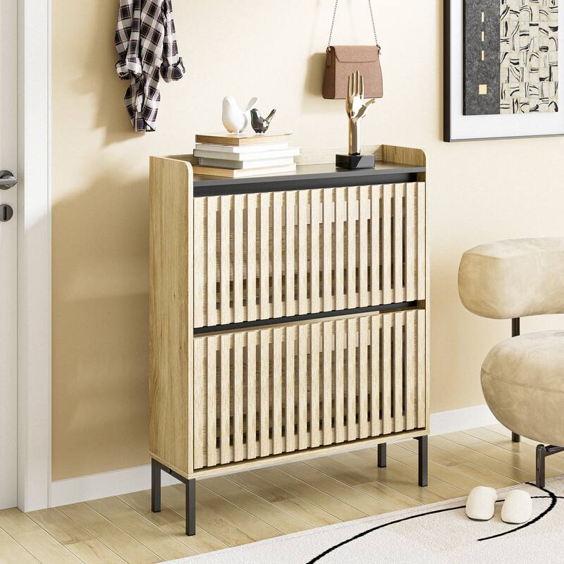 Contemporary Shoe Storage Cabinet With Two Flip Doors, Simple Assembly