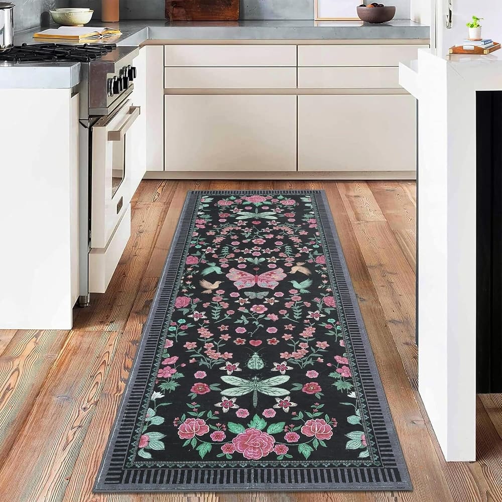 Modern Floral Machine Washable Indoor Waterproof Area Rug for Bedroom, Living Room, Black - 2' x 3'