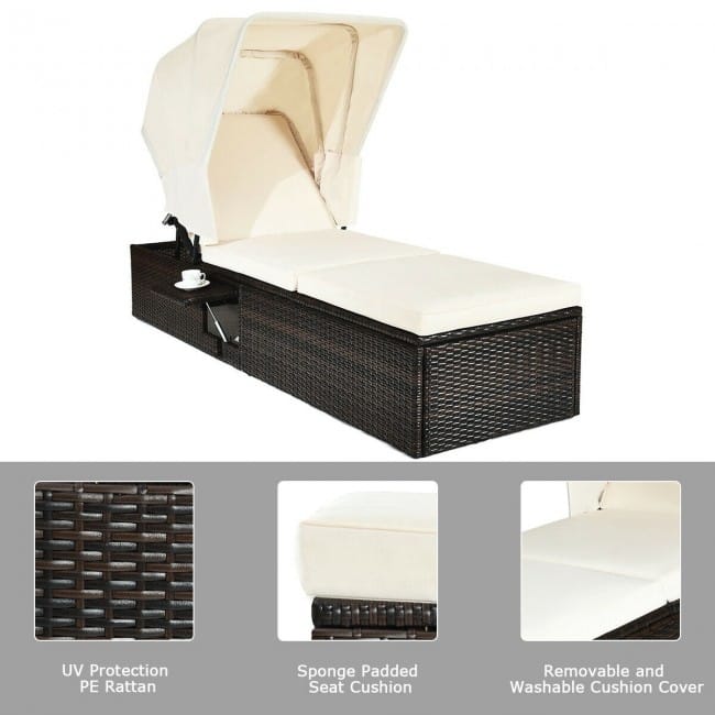Chaise Cushioned Top Canopy Patio Rattan Lounge Chair with Tea Table - 77”x 23.5”x 13”-25”-28.5”-32.5”-35.5”(L x W x H)
