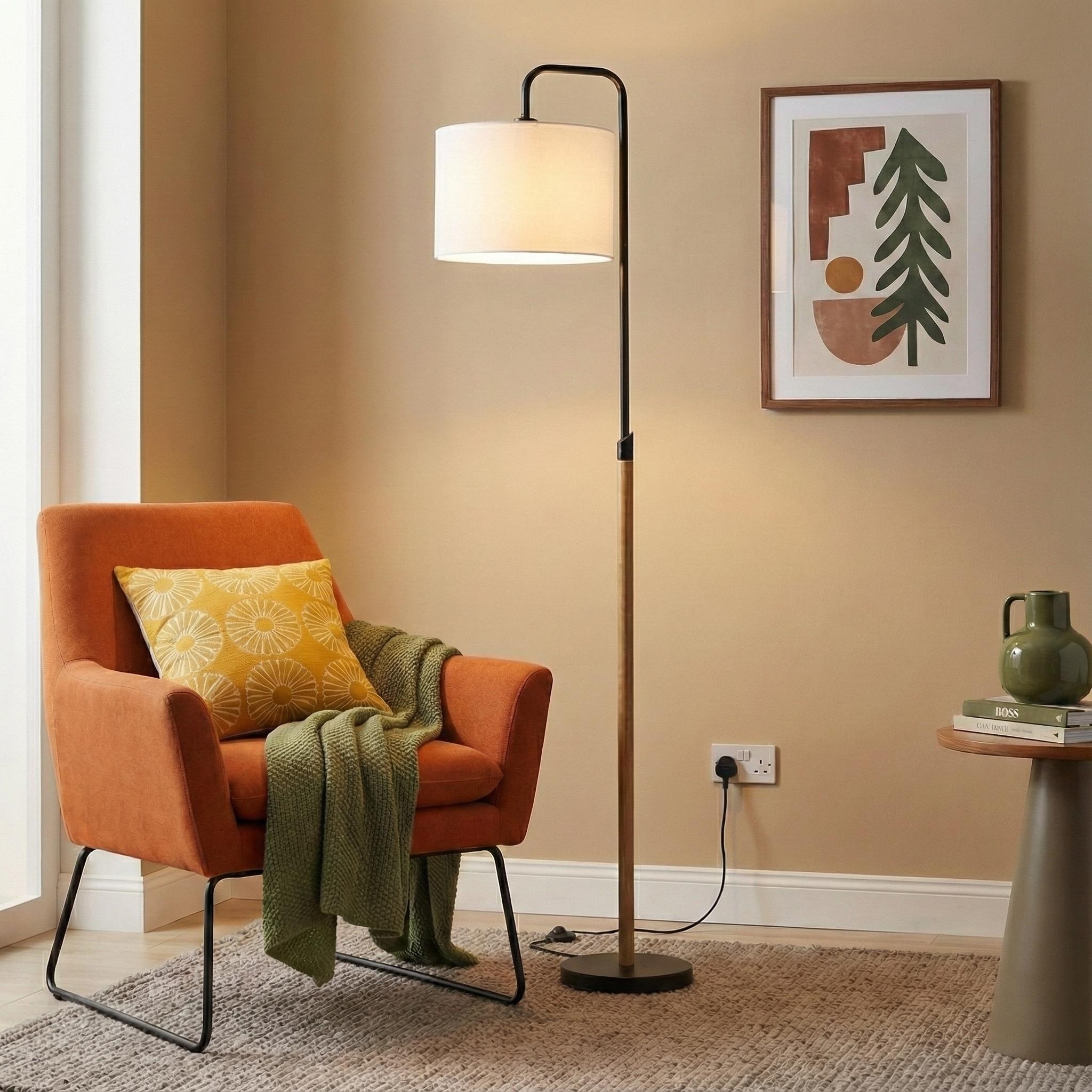 Arc Floor Lamp with Cylinder Shade, Curved Standing Light for Living Room, Bedroom Illumination, Floor Lamp Wooden Pole 110V