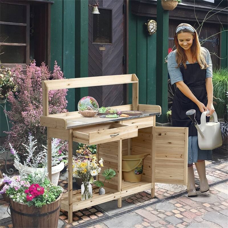 Outdoor Garden Bench with Galvanized Steel Top, Shelves & Hooks - 44" L x 19" W x 49.25" H - Multi